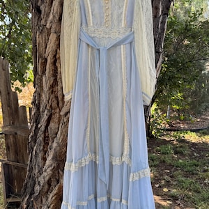 Vintage 1970&#39;s Gunne Sax van Jessica lichtblauwe kanten prairie maxy jurk maat 11