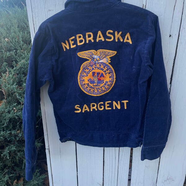 Chaqueta FFA de 1980 Nebraska Sargent cosido Corduroy azul marino talla 34
