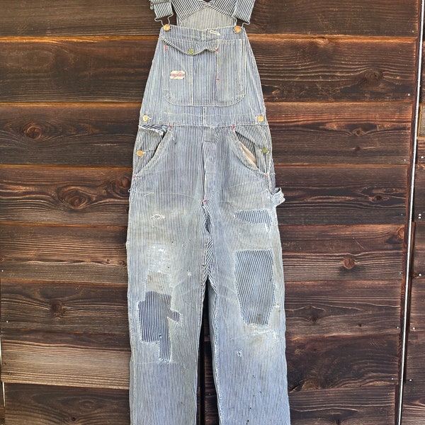 Vintage 1950’s Red Hammer hickory striped sanforized work wear overalls custom repairs modern 32x30