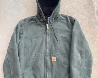 Chaqueta con capucha Carhartt J130 verde musgo vintage de los años 90, talla pequeña regular.