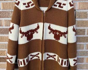 1970's Miller Western Acrylic Cardigan Bull skull Cowichan XL