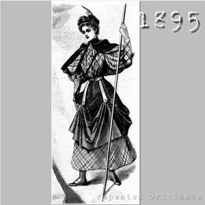 May include: A black and white illustration of a woman wearing a plaid dress and a cape, holding a walking stick. The year 1895 is printed in the top right corner of the image.