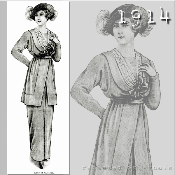 Robe en taffetas doux (buste 90 cm/35 pouces) - Reproduction vintage du motif PDF - Années 1910 - réalisée à partir du motif original La Mode Illustree de 1914