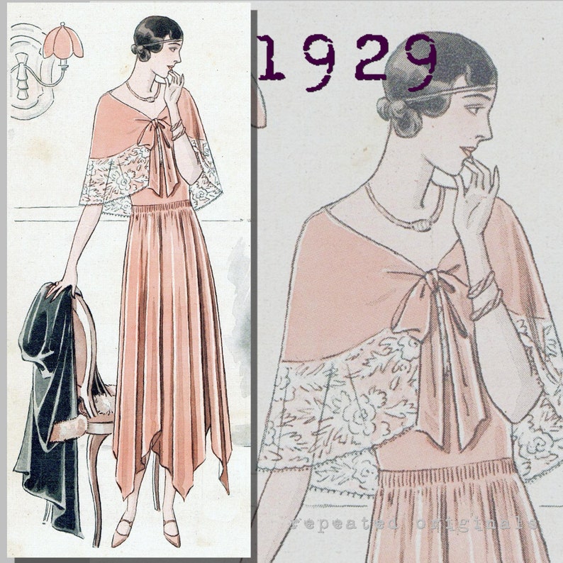 1930s House Dresses, Fabrics, Sewing Patterns     Ladys Evening Dress with removable cape - Bust 90cm -Vintage Reproduction PDF Pattern - 1920s - made from original 1929 pattern  AT vintagedancer.com