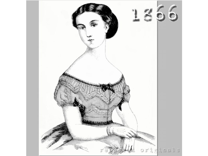 Victorian Ballgown, Evening Dress     Chiffon and Guipure Bodice and Corselet - Victorian Reproduction PDF Pattern - 1860s -  made from original 1866 La Mode Illustree  pattern  AT vintagedancer.com