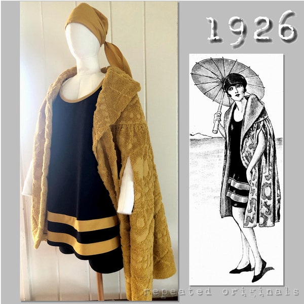 Damen Badeanzug, Badekappe und Badecape -Vintage Reproduktion PDF Schnittmuster - 1920's - hergestellt aus original 1926er Schnittmuster