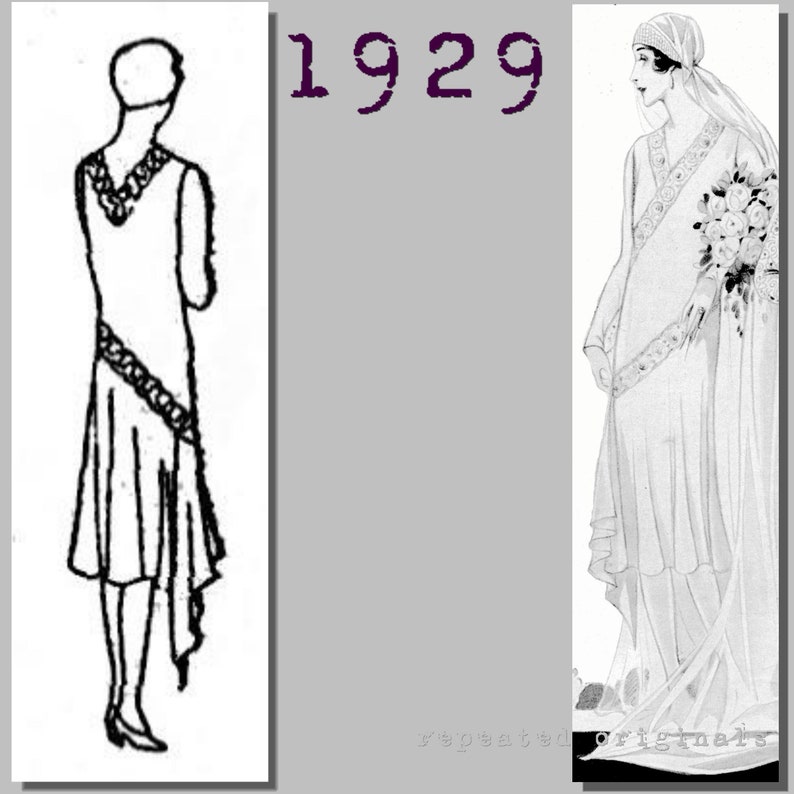 White Flapper Dresses, White 1920s Dresses     Wedding Dress  (96cm/37 bust) - Vintage Reproduction PDF Pattern - 1920s - made from original 1929 Pattern  AT vintagedancer.com