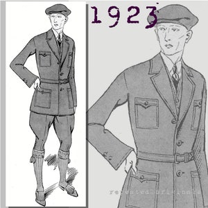 Men's Four Piece Sports Suit - 1920's Reproduction PDF Pattern -Jacket Vest Breeches Trousers - made from original 1923 pattern - Chest 96cm