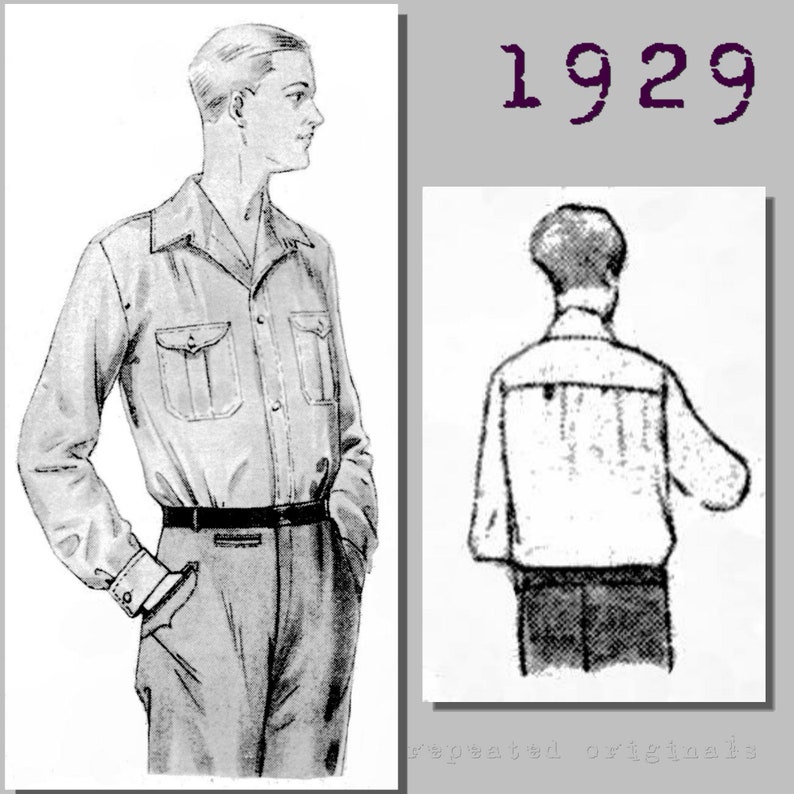 1920s Men’s Sewing Patterns Mens Casual Outdoors Shirt - Vintage Reproduction PDF Pattern - 1920s - made from original 1929 pattern - Chest 112cm $12.10 AT vintagedancer.com