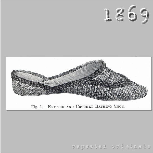 Bathing Shoes (knitting and crochet) - Victorian Reproduction PDF Pattern - 1860's - made from original 1869 Harper's Bazar pattern
