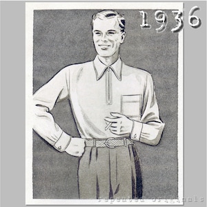 Men's Sports Shirt - Short or Long Sleeve - Chest 112cm/44" - 1930's - Vintage Reproduction PDF Pattern - made from original 1936 Pattern