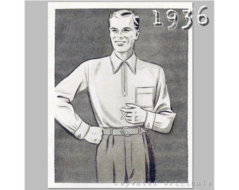 Men's Sports Shirt - Short or Long Sleeve - Chest 112cm/44" - 1930's - Vintage Reproduction PDF Pattern - made from original 1936 Pattern