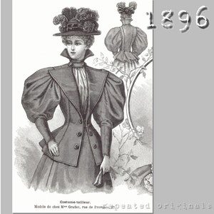 Puede incluir: Una ilustración en blanco y negro de una mujer con un atuendo de moda de 1896. El atuendo presenta una chaqueta ajustada con grandes mangas abullonadas y una falda con un corpiño. La mujer lleva un sombrero de ala ancha y un lazo. La ilustración es de una revista de moda.