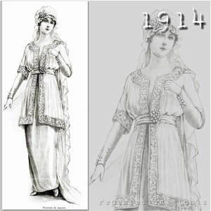 Wedding dress (3 types of different trains) - Vintage Reproduction PDF Pattern - 1910's -  made from original 1914 La Mode Illustree Pattern