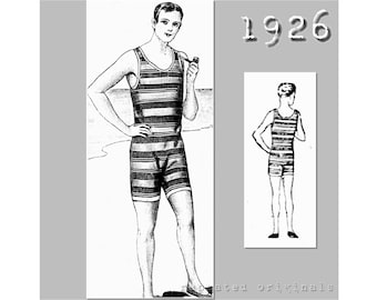 Costume da bagno da gentiluomo, bagnanti, Cossie dal collo al ginocchio - Modello PDF di riproduzione vintage - anni '20 - realizzato con modello originale del 1926