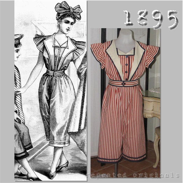 Bathing Costume: Suit and Cap - 36" Bust - 1890's - Victorian Reproduction PDF Pattern - made from original 1895 La Mode Illustree  pattern