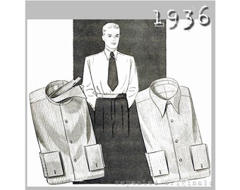Men's Half Placket Shirt - Detachable Collar- Chest 90cm/35.5" - 1930's - Vintage Reproduction PDF Pattern - made from original 1936 Pattern