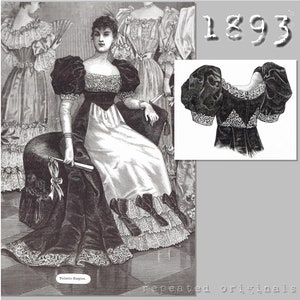 May include: A black and white illustration of a woman wearing a formal gown with a large, puffed sleeve. The gown has a lace trim and a black velvet bodice. The illustration is from 1893 and includes the text "Toilette Empire."