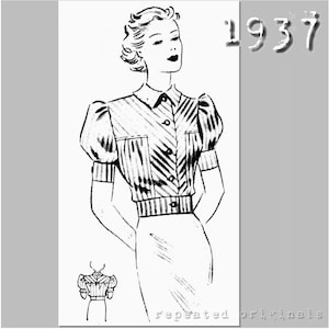 以下が含まれることがあります： パフスリーブのストライプブラウスを着た女性の白黒線画。ブラウスはボタン留めのフロントと襟があります。図には「1937」とラベル付けされています。