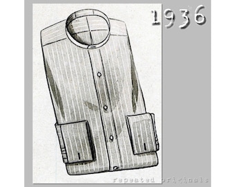 Men's Shirt - Collarless - Chest 112cm/44"  - 1930's - Vintage Reproduction PDF Pattern -  made from original 1936 Pattern