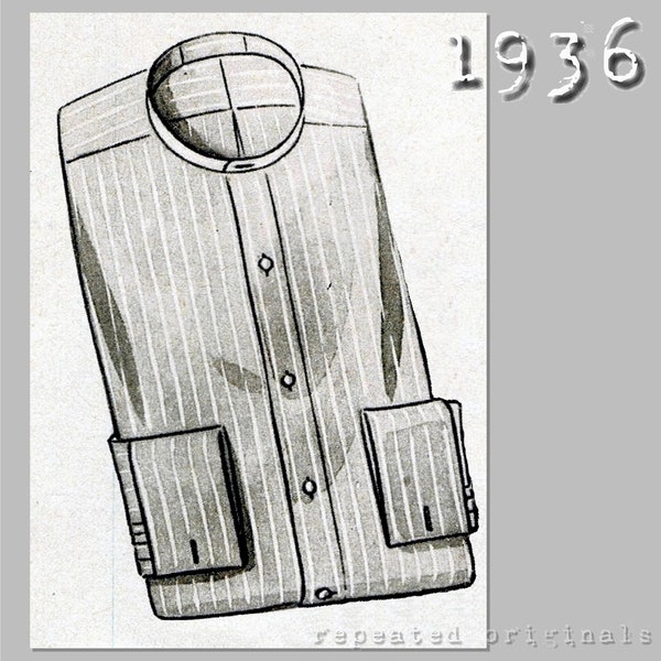 Men's Shirt - Collarless - Chest 112cm/44"  - 1930's - Vintage Reproduction PDF Pattern -  made from original 1936 Pattern