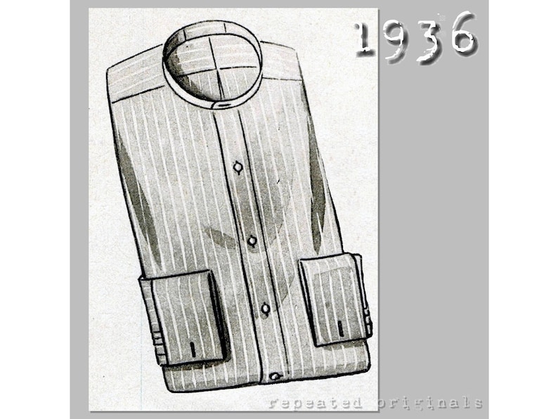 1930s Sewing Patterns- Dresses, Pants, Tops     Mens Shirt - Collarless - Chest 112cm/44  - 1930s - Vintage Reproduction PDF Pattern -  made from original 1936 Pattern  AT vintagedancer.com