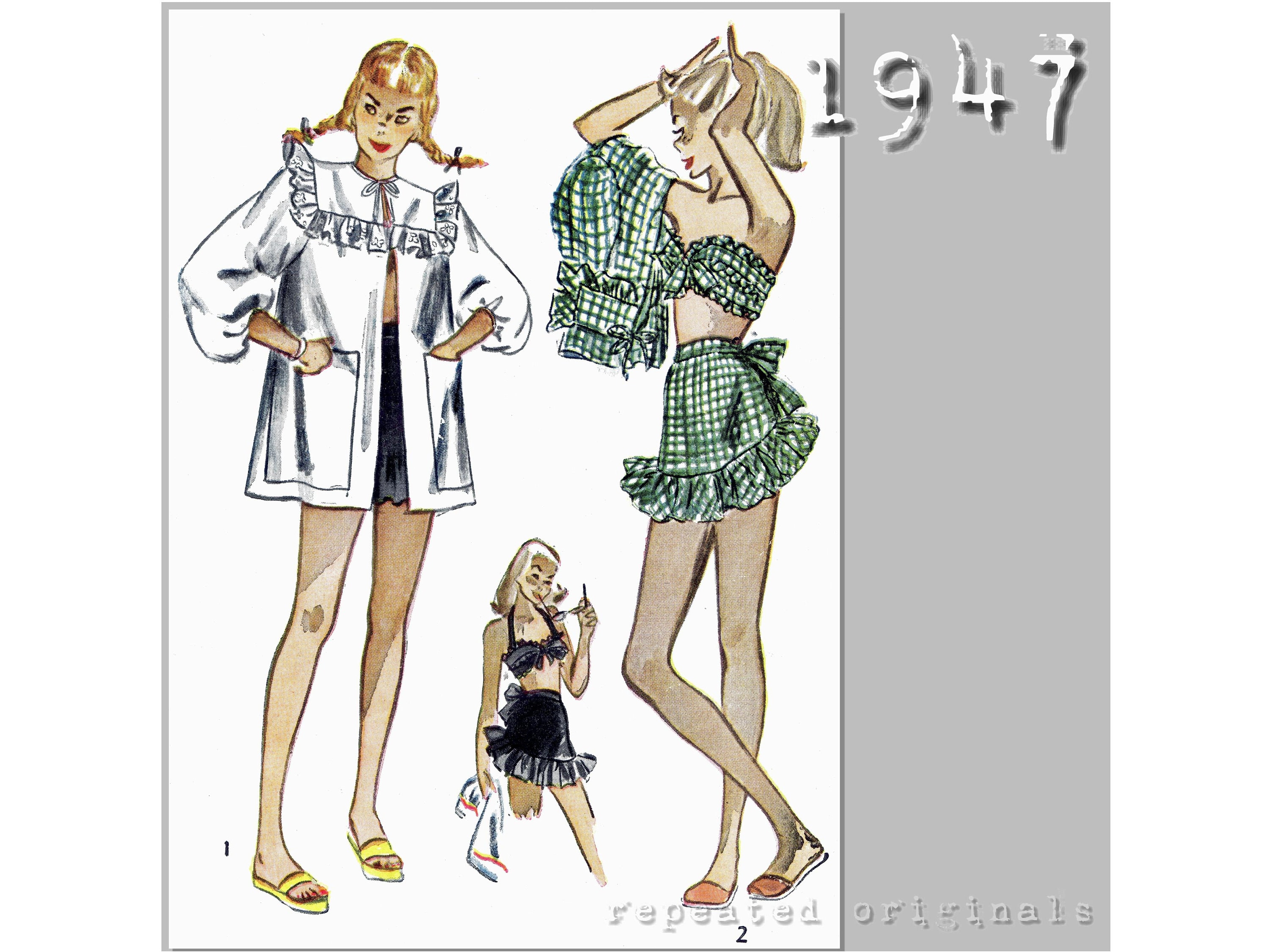 Playsuit and Coat Bathing Suit Swim Beach wear Bikini (Bust 30in/76cm) - Vintage Reproduction PDF Pattern - 1940's - 1947 Simplicity Pattern