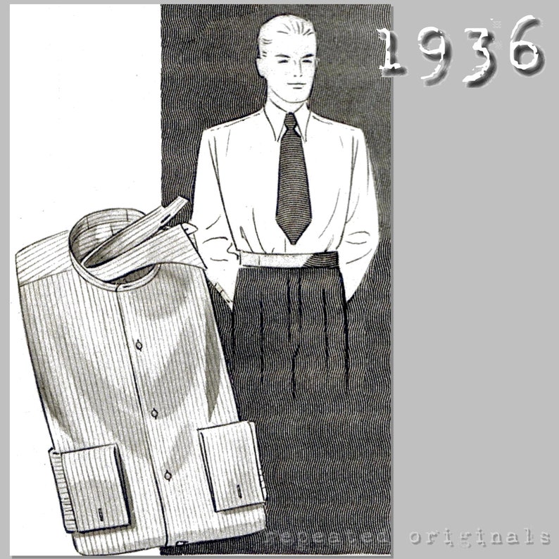 1930s Sewing Patterns- Dresses, Pants, Tops Mens Button Front Shirt - Detachable Collar- Chest 96cm/37.5