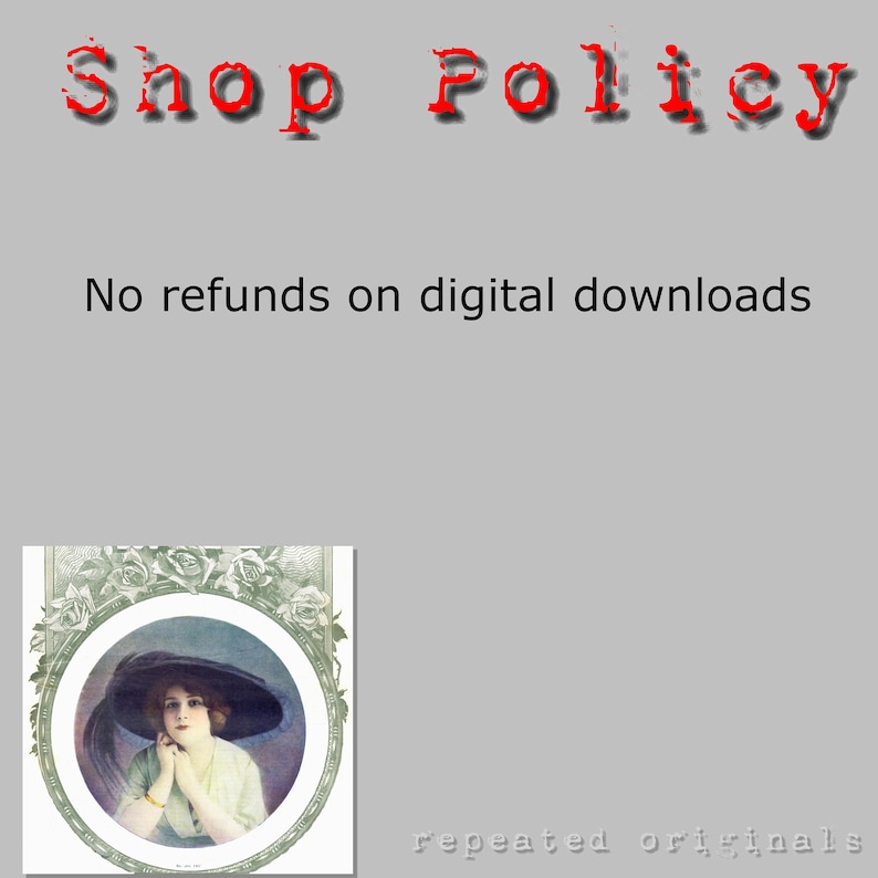 Puede incluir: Una ilustraci&oacute;n vintage de una mujer con un gran sombrero negro y un vestido blanco. La imagen est&aacute; enmarcada con un dise&ntilde;o floral verde y el texto "Shop Policy" y "No refunds on digital downloads" es visible en la parte superior de la imagen.