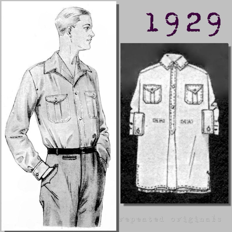 1920s Men’s Sewing Patterns     Mens Casual Outdoors Shirt - Vintage Reproduction PDF Pattern - 1920s -   made from original 1929 pattern - Chest 112cm  AT vintagedancer.com