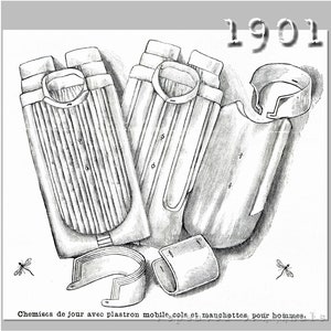 May include: A black and white illustration of men's shirts with a mobile plastron, collars, and cuffs. The image is labelled "Chemises de jour avec plastron mobile, cols et manchettes, pour hommes." and "1901".