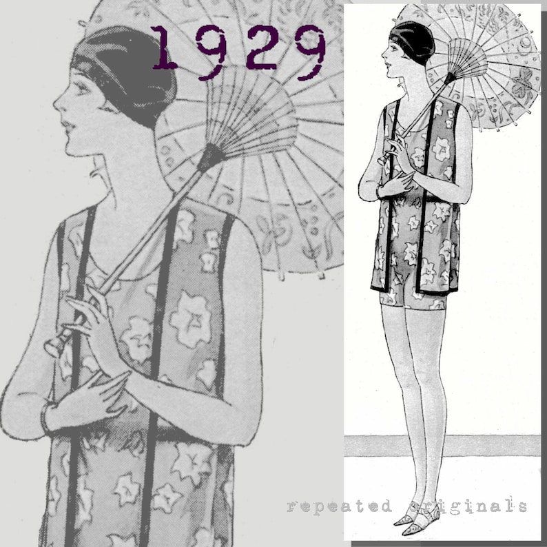 1920s Swimsuits- History, Sew & Shop- Women’s Bathing Suits Ladys One Piece Bathing Suit and sleeveless jacket - Bust 90cm -Vintage Reproduction PDF Pattern - 1920s - made from original 1929 pattern $10.08 AT vintagedancer.com