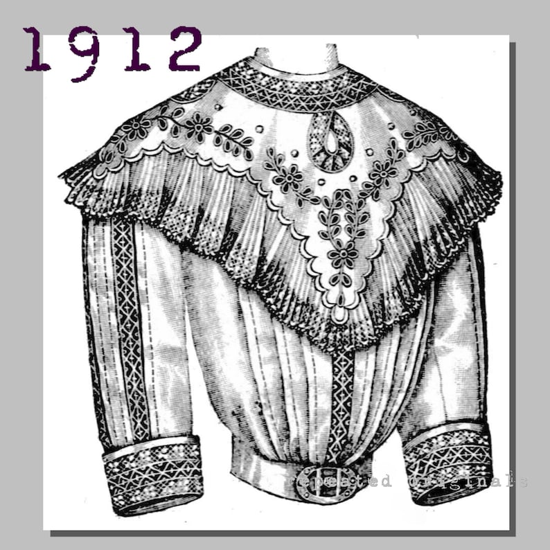 Edwardian Blouses |  Lace Blouses, Sweaters, Vests Blouse with yoke collar - Bust 96cm - Vintage Reproduction PDF Pattern - 1910s - made from original 1912 La Mode Illustree Pattern $8.12 AT vintagedancer.com