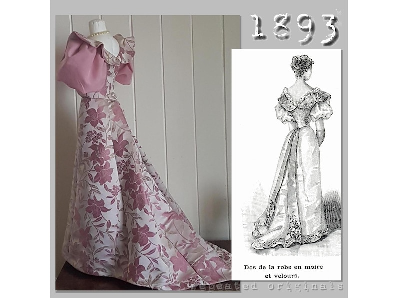 Victorian Costumes: Dresses, Saloon Girls, Southern Belle, Witch     Silk and Velvet Ball Gown- Victorian Reproduction PDF Pattern - 1890s - made from original 1893 La Mode Illustrée pattern  AT vintagedancer.com