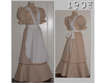 Summer Wash Dress with Apron -  Edwardian Reproduction PDF Pattern - 1900's - made from original 1908 pattern