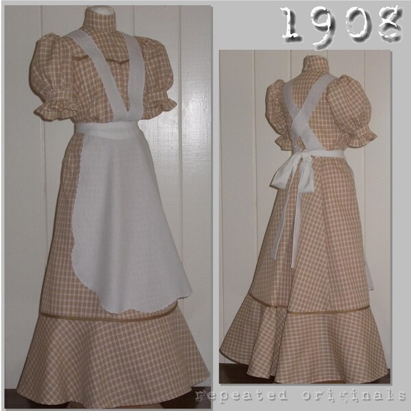 Robe d'été avec tablier - Reproduction d'un modèle PDF de style édouardien - Années 1900 - fabriquée à partir du modèle original de 1908