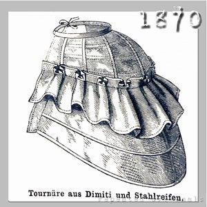 May include: A black and white line drawing of a 19th-century women's undergarment called a tournure. The tournure is made of fabric and has a ruffled edge. The text "Tournüre aus Dimiti und Stahlreifen." is printed below the image.