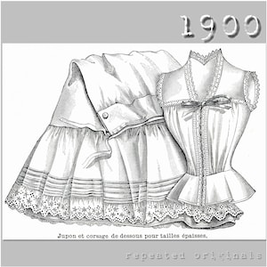 Puede incluir: Una ilustración en blanco y negro de un conjunto de ropa interior vintage de 1900. El conjunto incluye un corpiño con ribete de encaje y una falda completa con múltiples capas de volantes y encaje. El texto "Jupon et corsage de dessous pour tailles épaisses" está impreso debajo de la imagen.