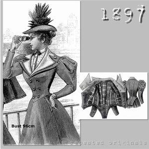 May include: A black and white illustration of a woman wearing a long jacket with a high collar and a large hat with feathers. The jacket has a fitted waist and a full skirt. The woman is holding binoculars to her eyes. The image includes the text "1897" and "Bust 96cm".