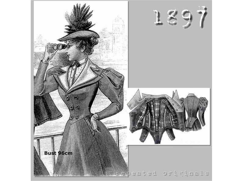 Puede incluir: Una ilustraci&oacute;n en blanco y negro de una mujer con una chaqueta larga de cuello alto y un gran sombrero con plumas. La chaqueta tiene una cintura ajustada y una falda completa. La mujer est&aacute; sosteniendo binoculares en sus ojos. La imagen incluye el texto "1897" y "Busto 96cm".