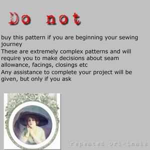 Puede incluir: Una ilustraci&oacute;n vintage de una mujer con un gran sombrero negro y un vestido blanco. La imagen est&aacute; rodeada por un borde floral verde. El texto "Do not buy this pattern if you are beginning your sewing journey. These are extremely complex patterns and will require you to make decisions about seam allowance, facings, closings etc. Any assistance to complete your project will be given, but only if you ask. repeated originals" est&aacute; impreso debajo de la imagen.