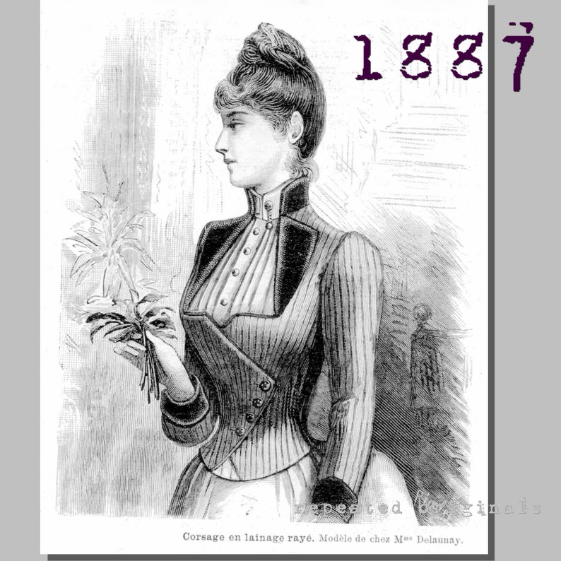 1870s – 1880s Victorian Sewing Patterns     Striped Bodice - 94cm Bust - 1880s -  Victorian Reproduction PDF Pattern - made from an original 1887 pattern  AT vintagedancer.com