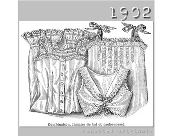 Combinations, Chemise for ball and Corset Cover- Vintage Reproduction PDF Pattern- 1900s-  made from original 1902 La Mode Illustree Pattern