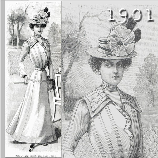 Tennis or Sports Dress (Skirt, Bodice, Plastron) - 90cm Bust - Edwardian Reproduction PDF Pattern - 1900's - made from original 1901 pattern