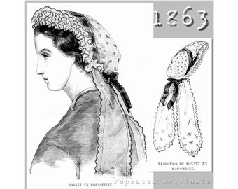 Muslin Cap - Victorian Reproduction PDF Pattern - 1860's - made from original 1863 La Mode Illustrée pattern