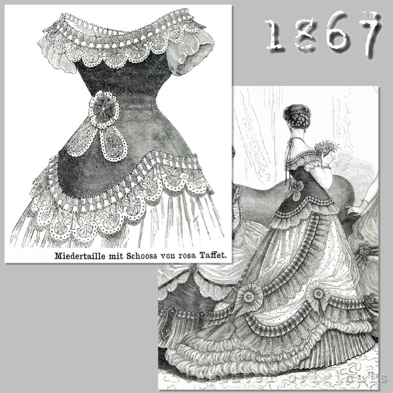 Victorian Wedding Dresses, Patterns, Shoes, Accessories     Ball or Society Bodice - Victorian Reproduction PDF Pattern - 1860s -  made from original 1867 Der Bazar pattern  AT vintagedancer.com