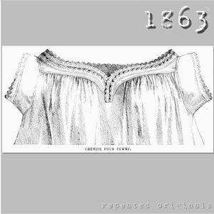 Könnte beinhalten: Eine Schwarzweißillustration eines Vintage-Damenhemds mit Spitzenbesatz. Der Text "CHEMISE POUR FEMME" ist unter dem Bild gedruckt. Das Jahr "1863" ist oben im Bild gedruckt.