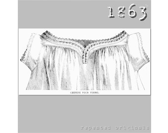 Damenhemd mit herzförmiger Vorderseite – viktorianisches Reproduktions-PDF-Muster – 1860er Jahre – hergestellt nach dem Originalmuster von La Mode Illustree aus dem Jahr 1863