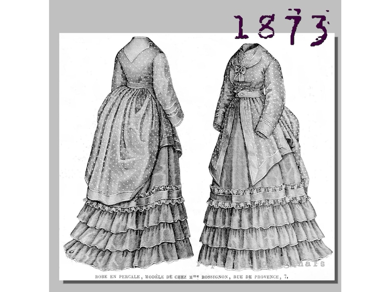 Dress of Plain and Patterned Fabric Victorian Reproduction 1873