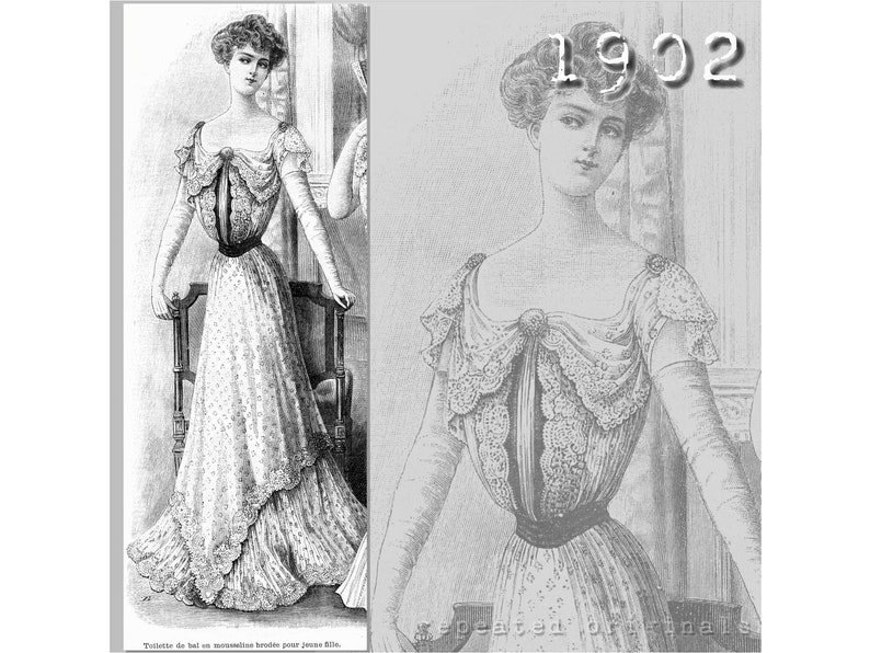 Edwardian Evening Dress History | Ballgowns, Dinner Dress     Ball Gown -  Edwardian Reproduction PDF Pattern - 1900s - made from original 1902 La Mode Illustrée pattern  AT vintagedancer.com